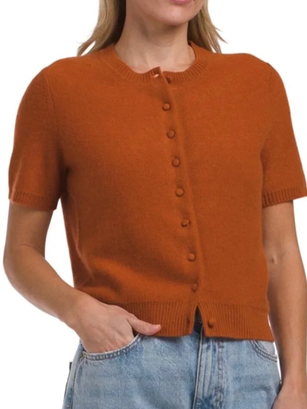 Joie 100% Cashmere Short-Sleeve Button Cardigan in Rust Cinnamon Orange Color L